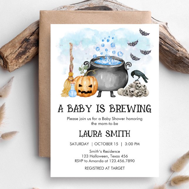 Convite Blue Baby is Brewing Halloween Baby Shower (Blue Baby is Brewing Halloween Baby Shower Invitation)