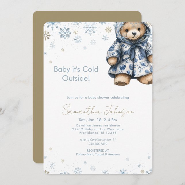 Convite Blue Baby It's Cold Outside Teddy Bear (Frente/Verso)