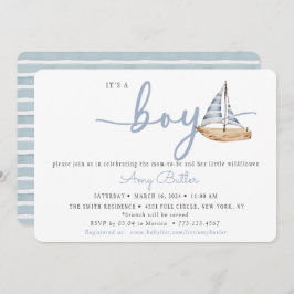 Convite Blue Baby Shower Invitation with Sailboat & Stripe