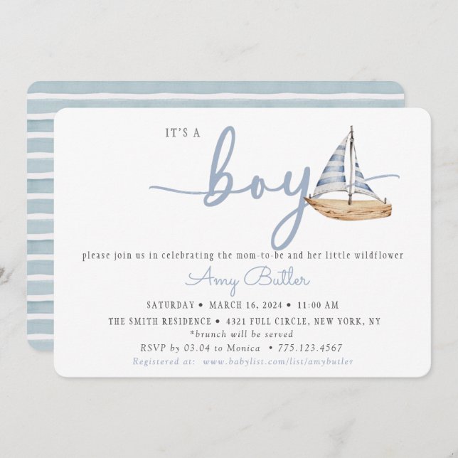 Convite Blue Baby Shower Invitation with Sailboat & Stripe (Frente/Verso)