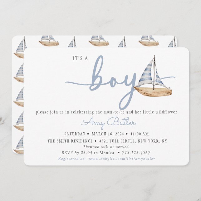 Convite Blue Baby Shower Invitation with Sailboats (Frente/Verso)