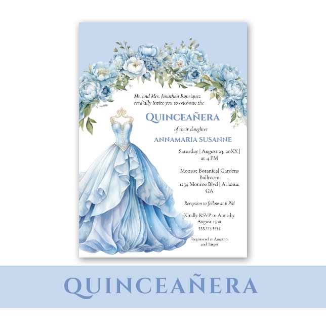 Convite Blue Ball Gown Blue Floral Quinceañera |  (Criador carregado)
