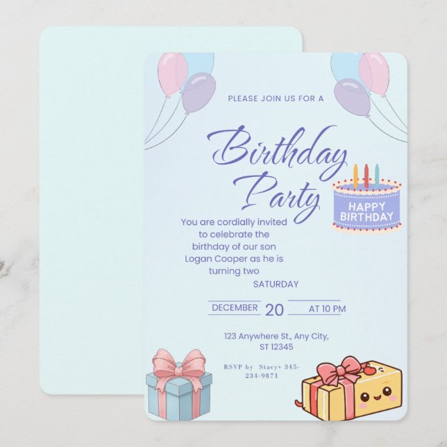 Convite Blue Balloons and Gifts Birthday Invitation - Cust (Frente/Verso)