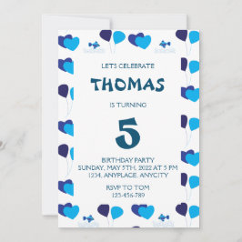 Convite Blue Balloons Heart Boy Party