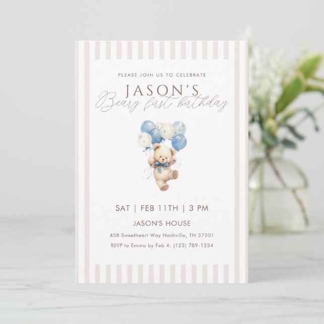 Convite Blue Balloons Teddy Bear 1st Birthday (Em pé/Frente)