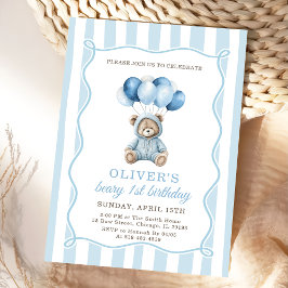 Convite Blue Balloons Teddy Bear Birthday Invitation 