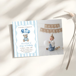 Convite Blue Balloons Teddy Bear Birthday Invitation 