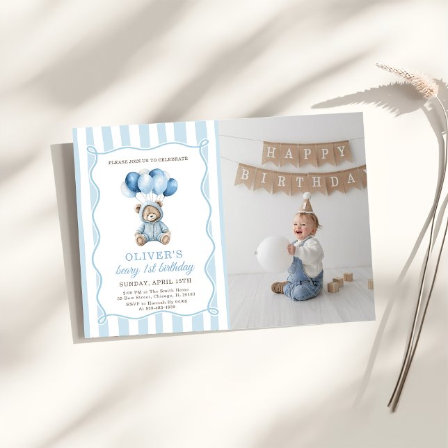 Convite Blue Balloons Teddy Bear Birthday Invitation  (Criador carregado)