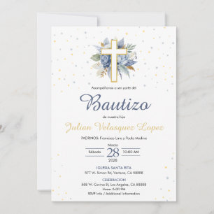 Convite Blue Baptism Boys Cross Flowo Bautizo