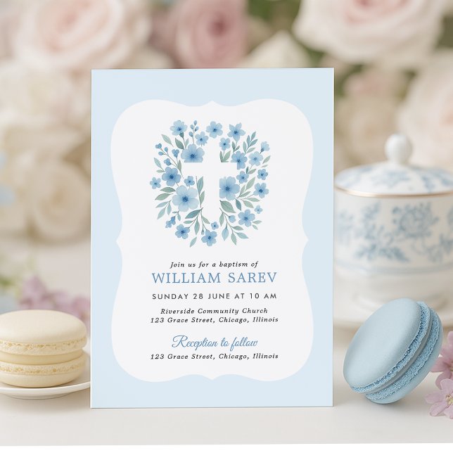 Convite Blue Baptism Convide com Design de Quadro Curvo (Elegant blue floral cross baptism invitation for baby boy – customizable template)