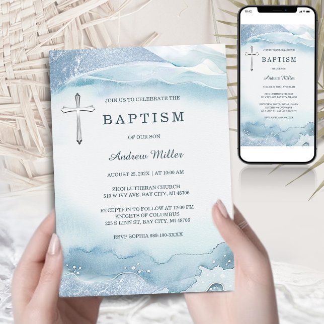 Convite Blue Baptism Invitation with Cross | Printable (Criador carregado)
