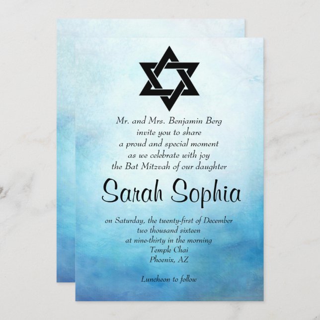 Convite Blue Bat Mitzvah, Watercolor, Teal (Frente/Verso)