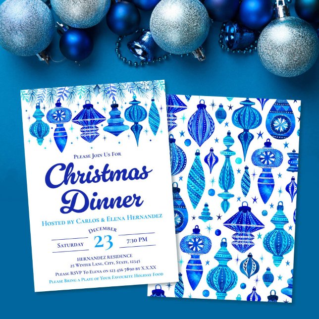 Convite Blue Baubles Janta Watercolor (Blue Baubles Christmas Dinner Watercolor Invitation)