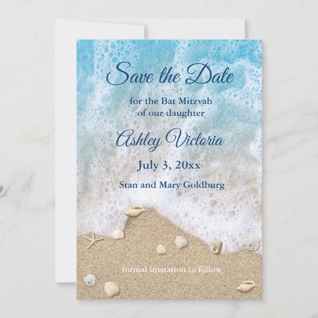 Convite Blue Beach Waves Bat Mitzvah Save the Date (Frente)