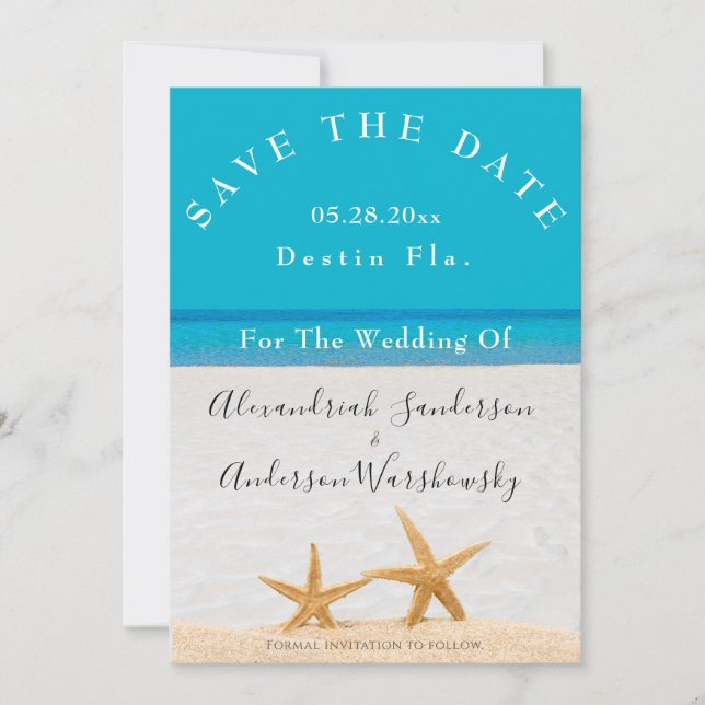 Convite Blue Beach Wedding 2 Starfish Sand Save the Date (Frente)