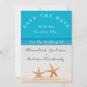Convite Blue Beach Wedding 2 Starfish Sand Save the Date
