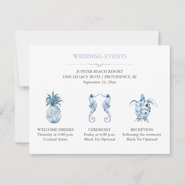 Convite Blue Beach Wedding Event Details with QR Code (Frente)