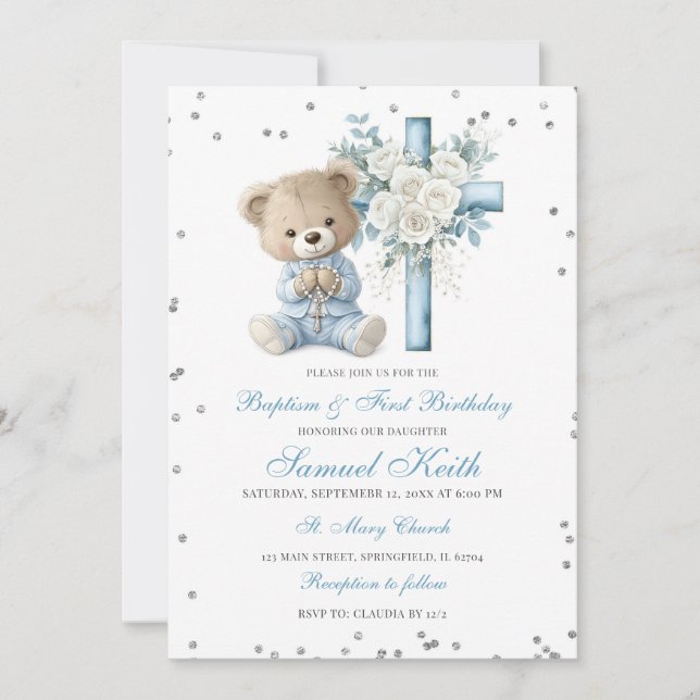 Convite Blue Bear Baptism & First Birthday Invitation (Frente)