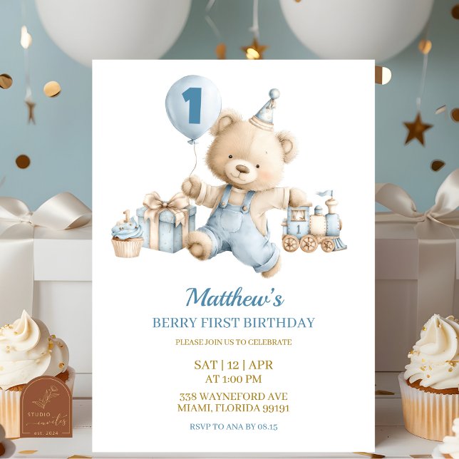 Convite Blue Bear Boy Beary first birthday invitation (Criador carregado)