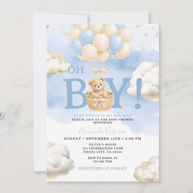 Convite Blue Bear Cloud Balloon Baby Shower (Frente)