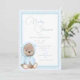 Convite Blue Bear Gingham Vintage Baby Shower