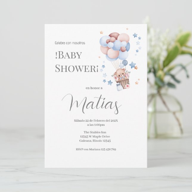 Convite Blue Bear Spanish Baby Shower Boy invitation (Em pé/Frente)