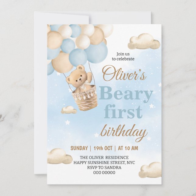 Convite Blue Beary First Birthday (Frente)