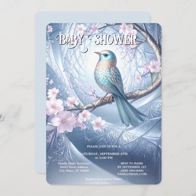 Convite Blue Bird Floral Baby Shower Invitation (Frente/Verso)