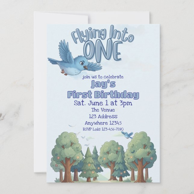 Convite Blue Bird Flying into One, 1st Birthday (Frente)
