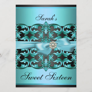 Convite Blue/Black Damask & Arco Sweet16 Birthday Invite