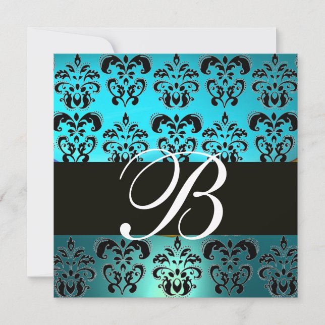 Convite BLUE BLACK DAMASK MONOGRAM, turquase branca (Frente)