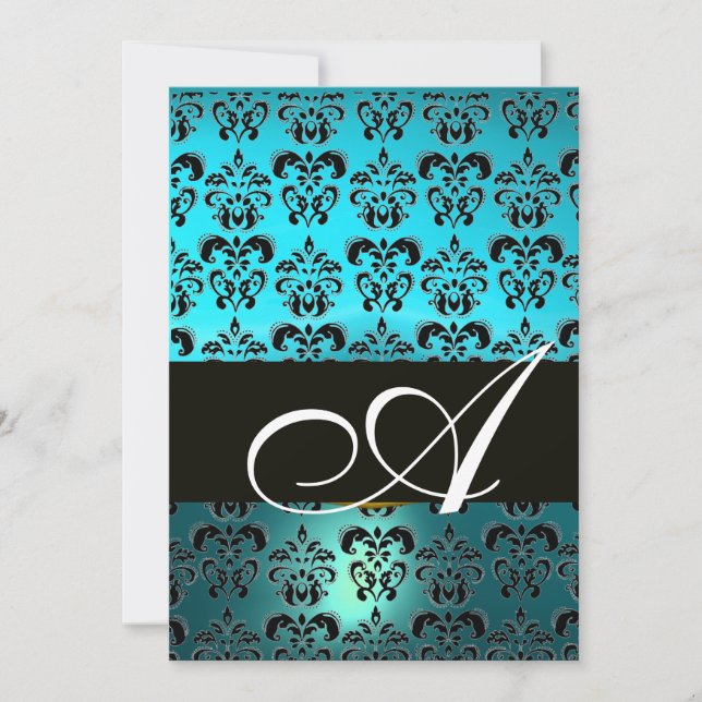 Convite BLUE BLACK DAMASK MONOGRAM , Turquase branco brilh (Frente)