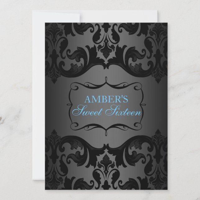 Convite Blue & Black Damask Sweet 16 Birthday Invite (Frente)