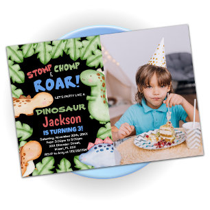 Convite Blue Black Dinossaur Birthday Invations w foto
