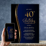 Convite Blue Black Gold 40th Birthday Party<br><div class="desc">Invite your friends and loved ones with this modern black, gold and blue 40th birthday party invitation. The customizable text area in this invitation template allows you to effortlessly include all the necessary details for your special birthday celebration, including the date, time, venue, and RSVP information. A variety of paper...</div>