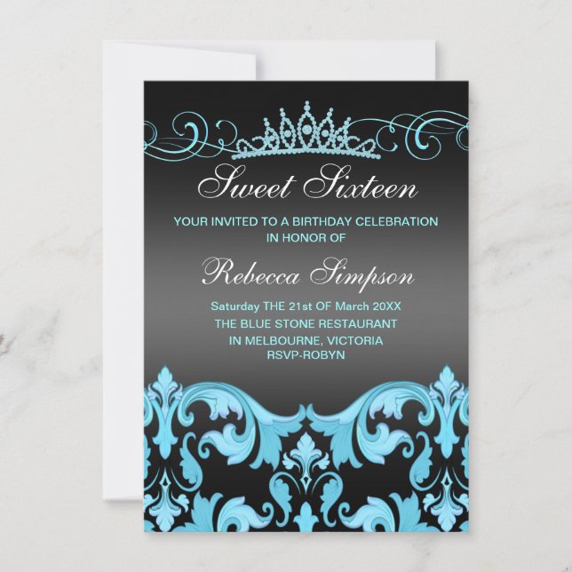 Convite Blue/Black Sweet16 Damask & Tiara Birthday Invite (Frente)