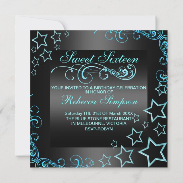 Convite Blue/Black Sweet16 Star & Swirl Birthday Convidar (Frente)