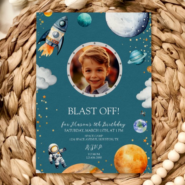 Convite Blue Blast Off Photo Space Theme Kids Birthday (Criador carregado)
