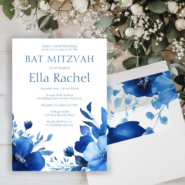 Convite Blue Blooms Watercolor BAT MITZVAH PERSONALIZADO (Blue Blooms Watercolor BAT MITZVAH CUSTOM Invitation
)