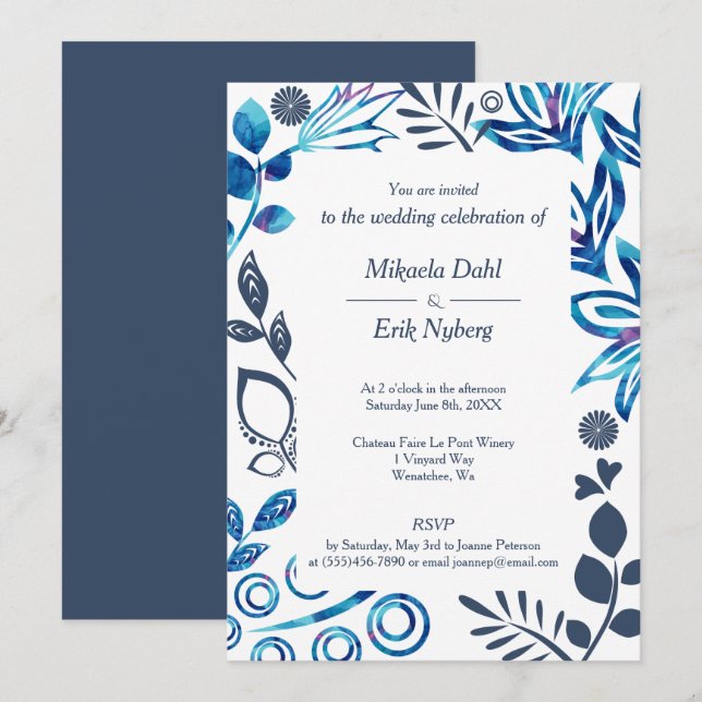 Convite Blue, Bluish Gray Floral Pattern Frame Wedding (Frente/Verso)
