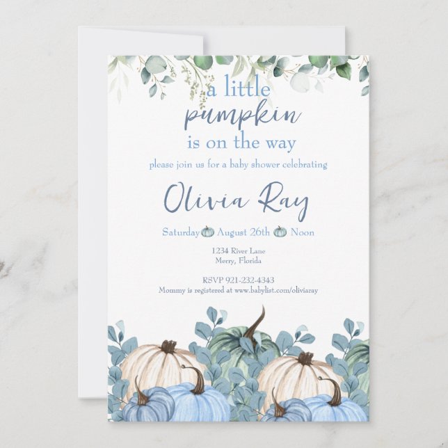 Convite Blue Boho a Little Pumpkin está a caminho (Frente)