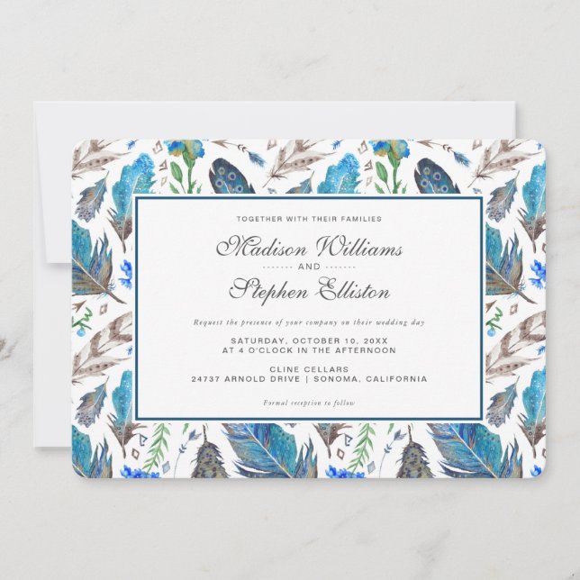 Convite Blue Boho Aztec Watercolor - Casamento (Frente)