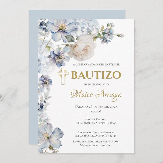 Convite Blue Boho Baptism (Frente/Verso)