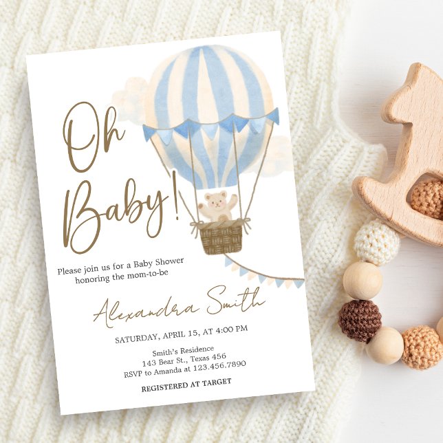 Convite Blue Boho Bear Baby Shower  (Oh Baby Bear Baby Shower Invitation)