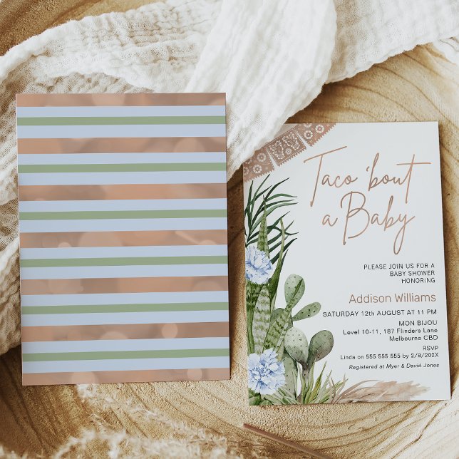Convite Blue Boho Fiesta Taco Sobre Um Chá de fraldas De B (Boy's taco 'bout a baby baby shower invitation featuring cacti and blue flowers in a boho style.)