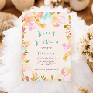 Convite Blue boho floral watercolor script Sweet 16