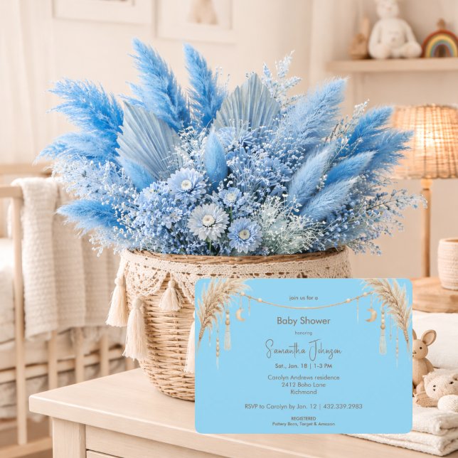 Convite Blue Boho Pampas Baby Shower (Criador carregado)