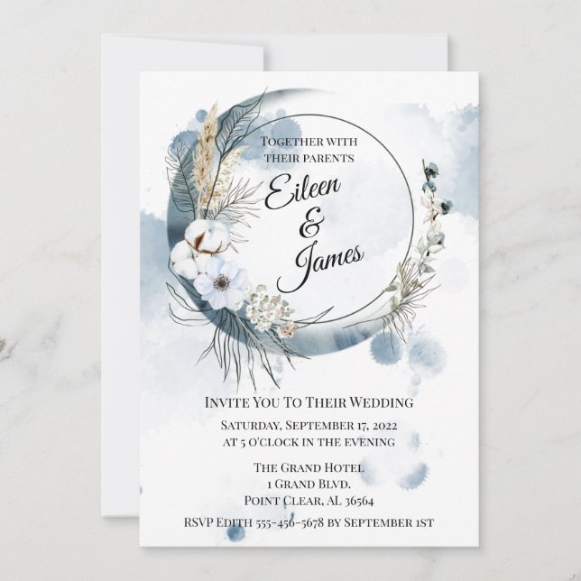Convite Blue Boho Watercolor Half Moon Wedding (Frente)