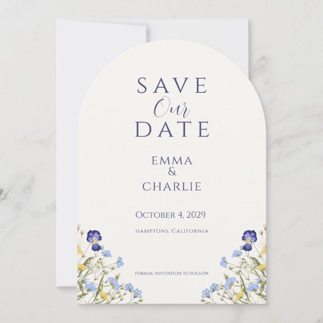 Convite Blue Boho Wildflowers Wedding Save the Date (Frente)