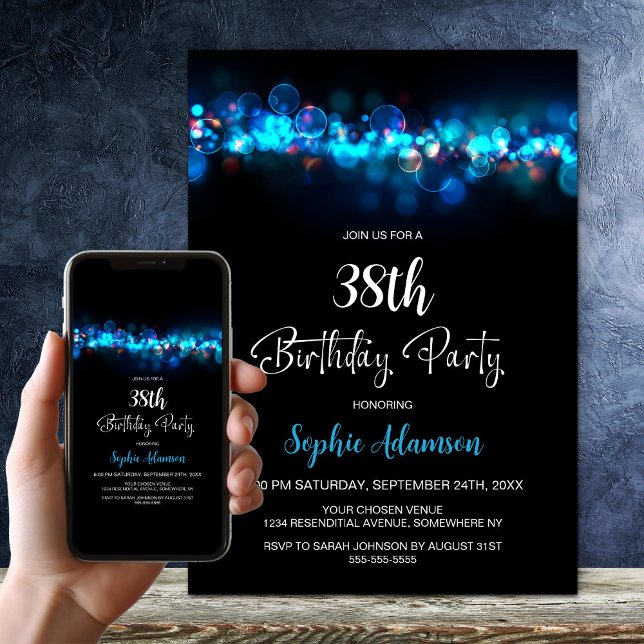 Convite Blue Bokeh Black Any Age Birthday Party (Criador carregado)
